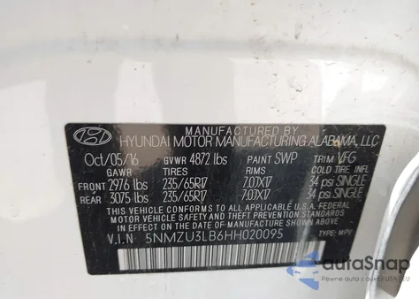 2017 Hyundai Santa Fe Sport 2.4L from USA, damaged, VIN 5NMZU3LB6HH020095